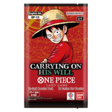 One Piece TCG Carrying on His Will Booster Box featuring Luffy on the packaging, includes 12 unique cards.