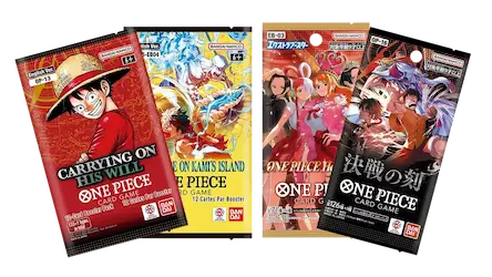 Collection of One Piece trading card game booster packs featuring characters and vibrant artwork.