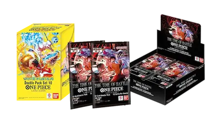 One Piece Double Pack Set 10 card game box and booster packs displayed together.
