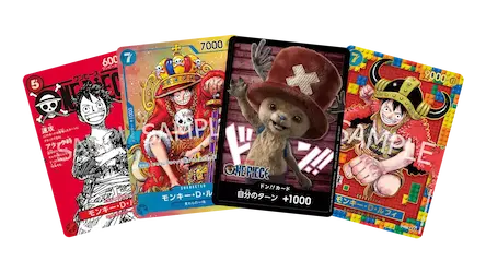 A collection of colorful trading cards featuring characters from One Piece, including Luffy and Chopper, displayed creatively.