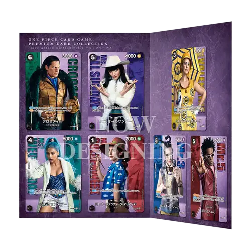 One Piece card game premium card collection featuring characters from the series on a colorful display.