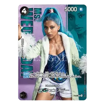 Ms. Wednesday character card featuring a woman with blue hair and stylish attire, highlighting unique design features.