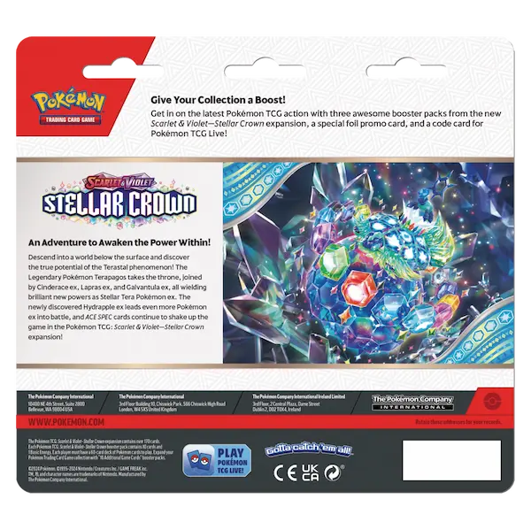 Stellar Crown 3-Pack Blister back packaging showcasing booster packs, promo card, and Pokémon SC/Violet details.