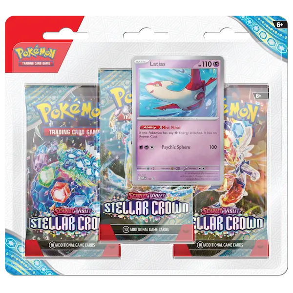Stellar Crown 3-Pack Blister featuring Latias promo card and booster packs from Pokémon SV07 set.