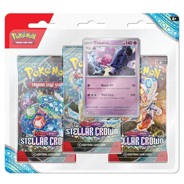 Stellar Crown 3-Pack Blister featuring Tinkaton promo card and 3 SV07 booster packs for Pokémon collectors.