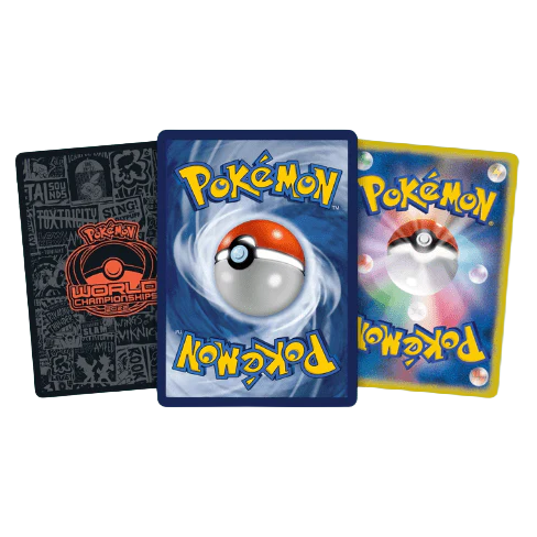 Three Pokémon trading cards featuring iconic designs, including a Poké Ball and World Championship branding.