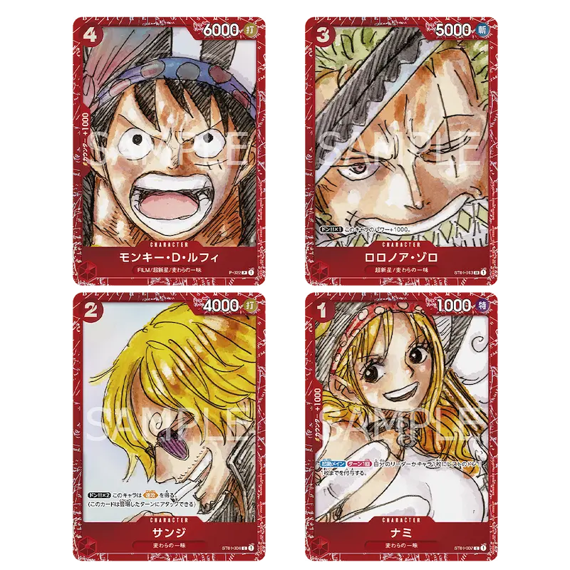 PREMIUM CARD COLLECTION -ONE PIECE FILM RED- featuring Monkey D. Luffy, Roronoa Zoro, Nami, and Sanji collectible cards.