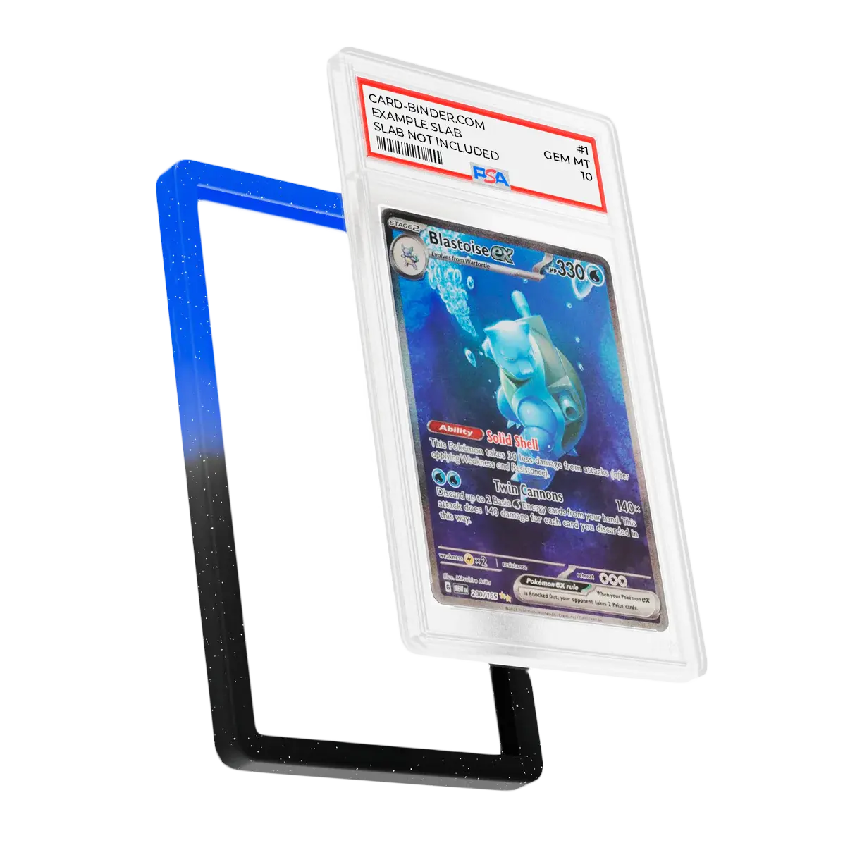 PSA Slab Guard - Abyssal protecting a Blastoise PSA 10 slab with a black and blue gradient design.