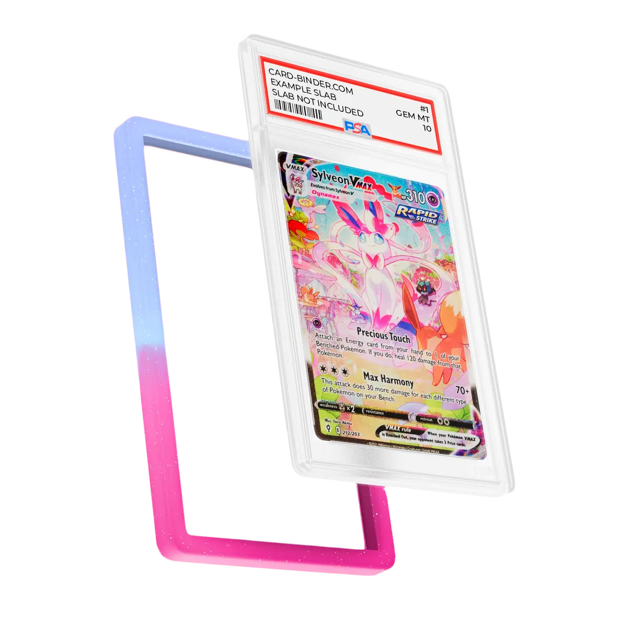 PSA Slab Guard - Fairytale in pink and blue gradient with Sylveon PSA 10 card, perfect for slab protection.