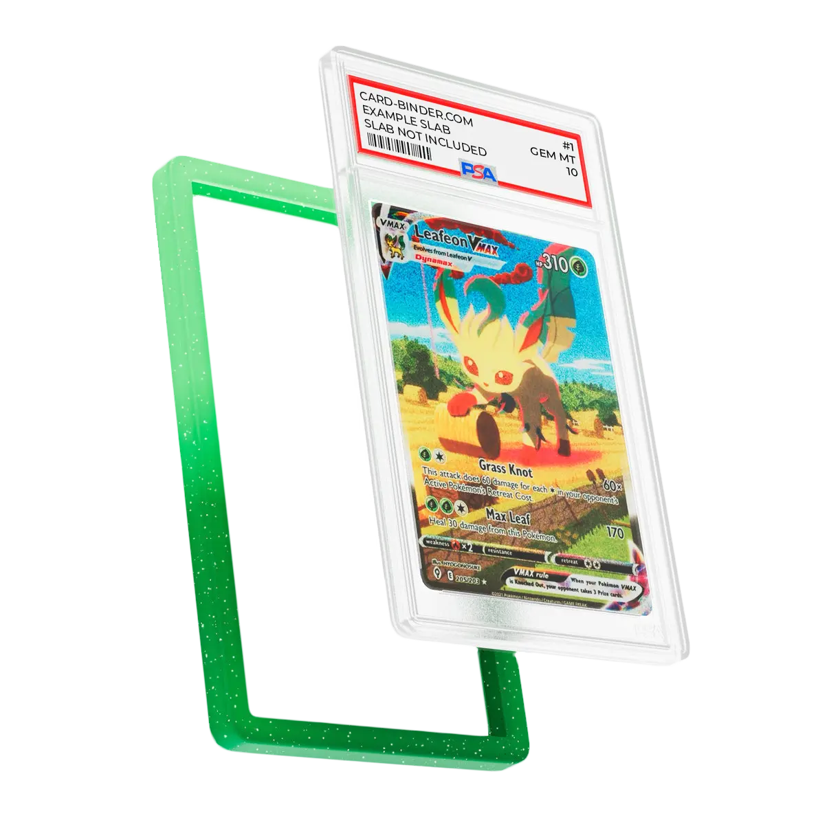 PSA Slab Guard - Grove protecting a Grass Type Pokémon card with a radiant green gradient design.