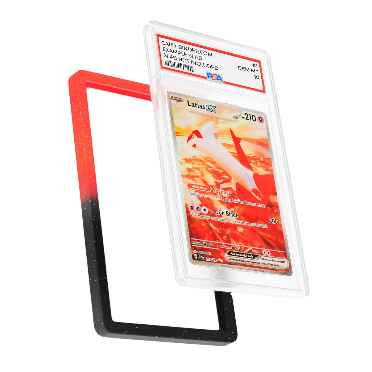 PSA Slab Guard - Blackfire showcased with Latias card, featuring vibrant red & black gradient design for protection.
