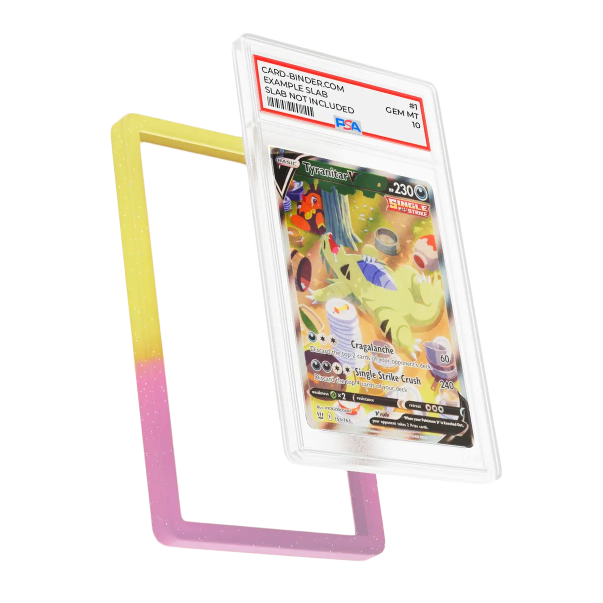 PSA Slab Guard - Peachy with a vibrant yellow and pink gradient protecting a Sleeping Tyranitar PSA 10 slab.