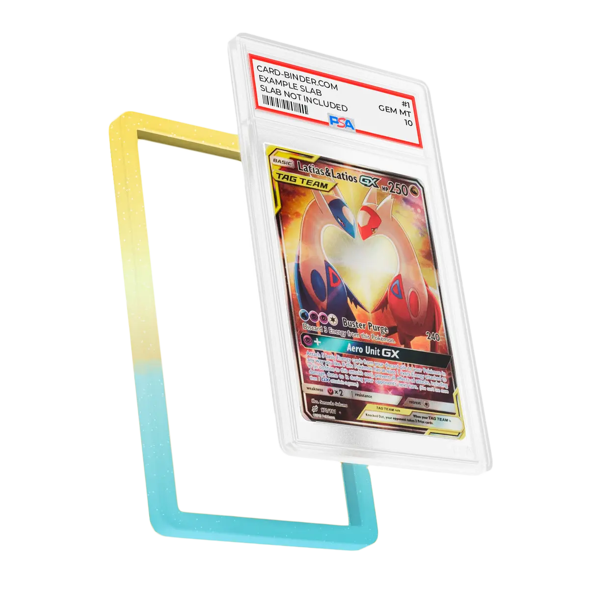 PSA Slab Guard - Skyline in a gradient design displaying a PSA 10 Flying Type Pokémon card for protection.