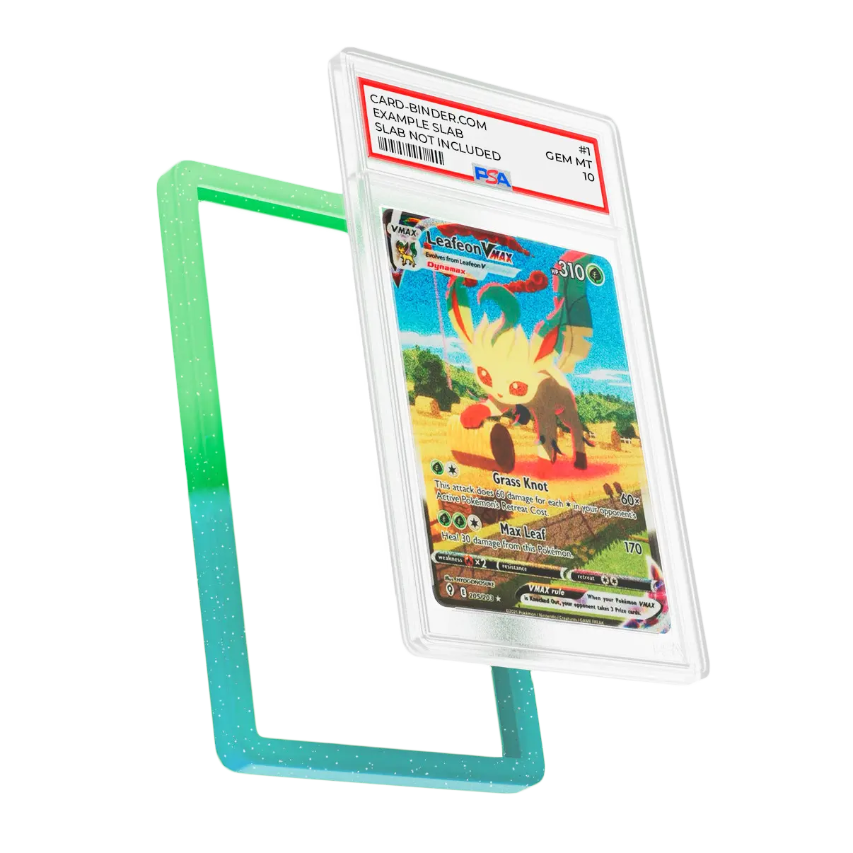PSA Slab Guard - Tranquill with neon green and blue gradient protecting Leafeon PSA 10 card.