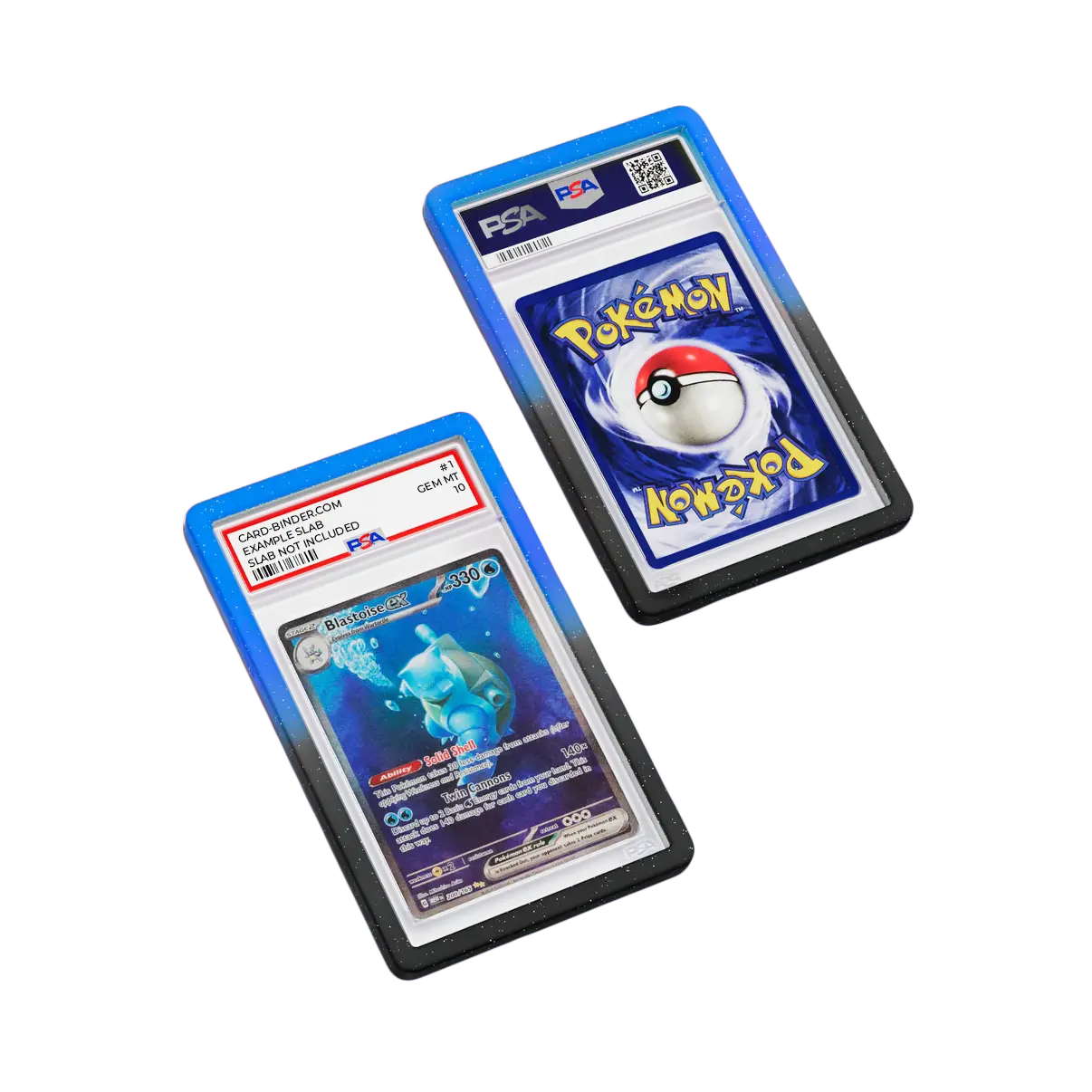 PSA Slab Guard - Abyssal protecting a Blastoise PSA 10 collectible card with colorful gradient design.