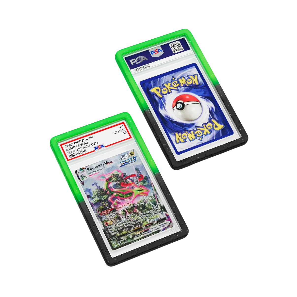 PSA Slab Guard - Aurora on a Pokémon card protecting Rayquaza PSA 10 with radiant sparkle design.
