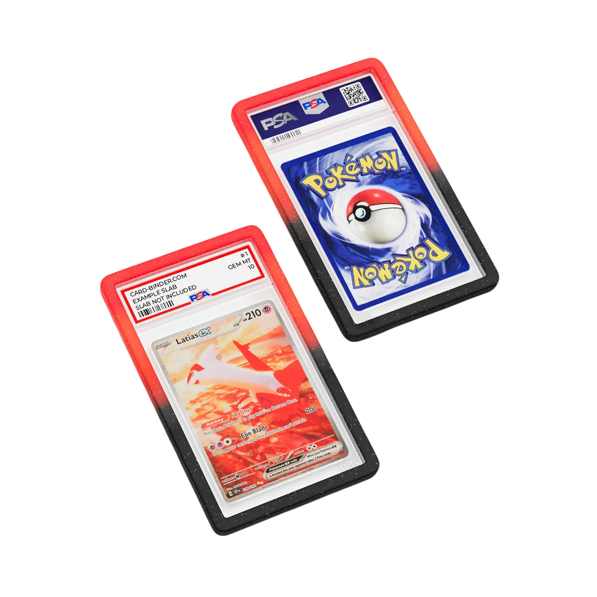 PSA Slab Guard - Blackfire protecting Latias PSA 10 card with vibrant red and black gradient design.