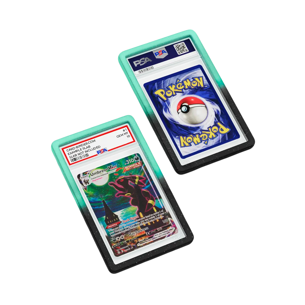 PSA Slab Guard - Luminous protecting an Umbreon PSA 10 card with a vibrant gradient design.