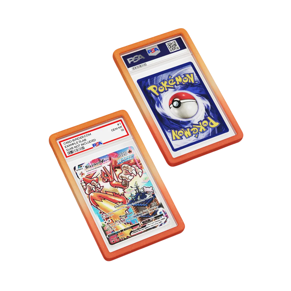 PSA Slab Guard - Fiery protecting a Blaziken PSA 10 card with vibrant orange and red gradient design.