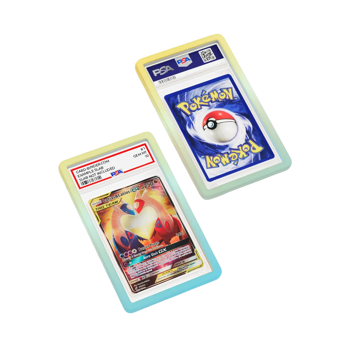 PSA Slab Guard - Skyline protecting a Pokémon card with colorful gradient design.