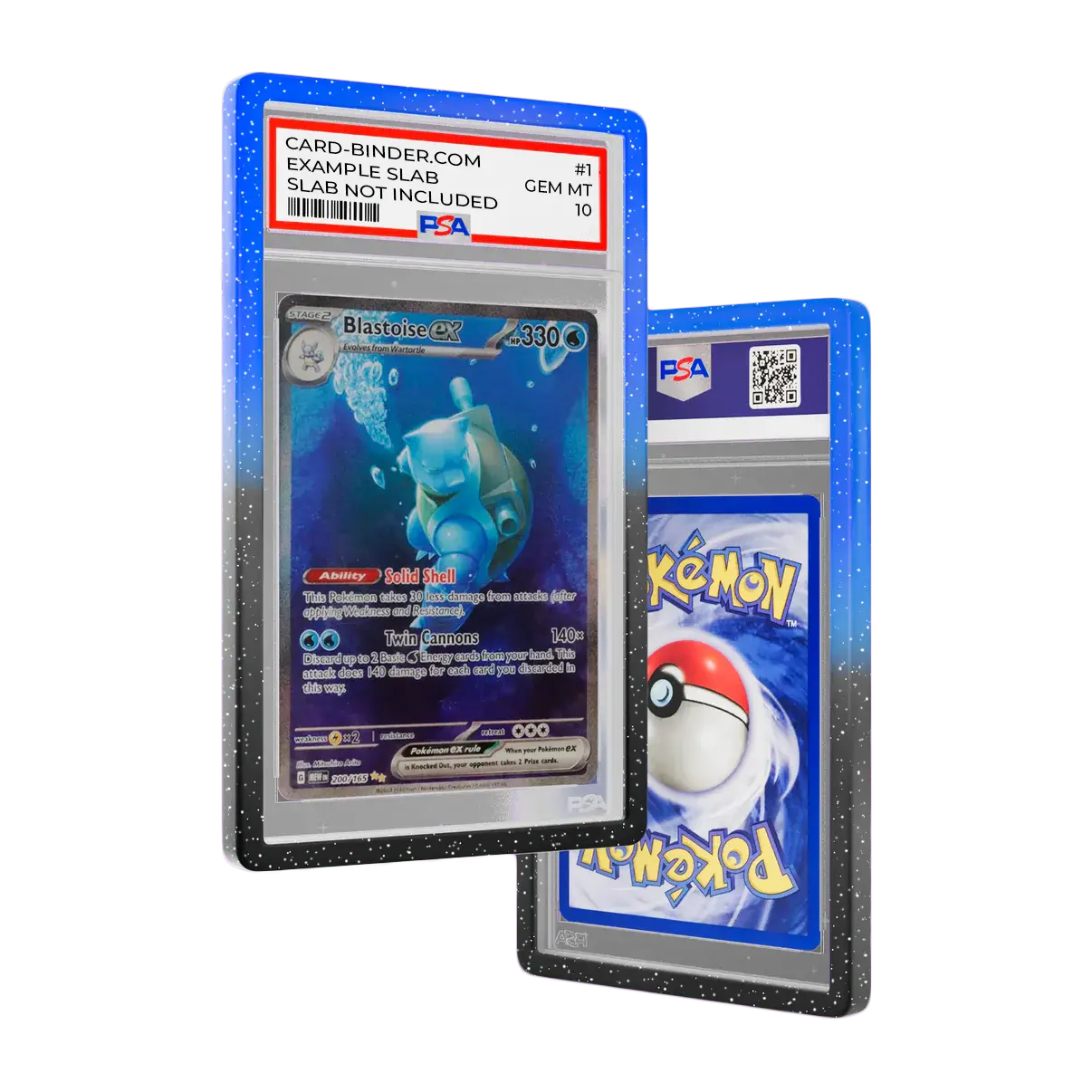PSA Slab Guard - Abyssal protecting a Blastoise EX card with a beautiful black and blue gradient design.