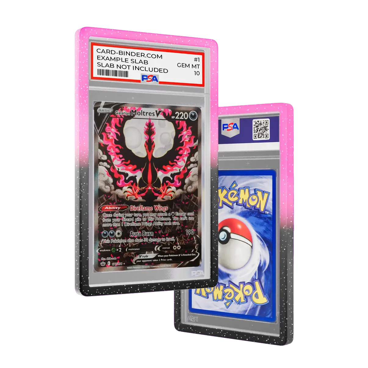PSA Slab Guard - Eclipse in Black & Pink gradient protecting Moltres PSA 10 slab for vibrant card display.