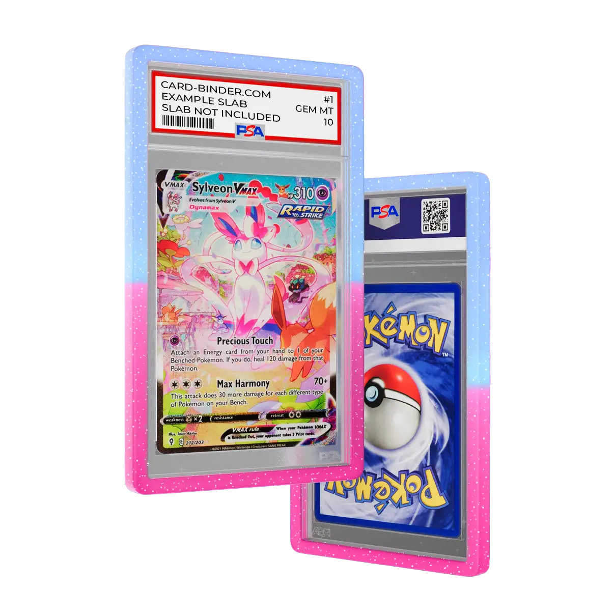 PSA Slab Guard - Fairytale protecting Sylveon PSA 10 slab in gradient pink and blue design with radiant sparkle.