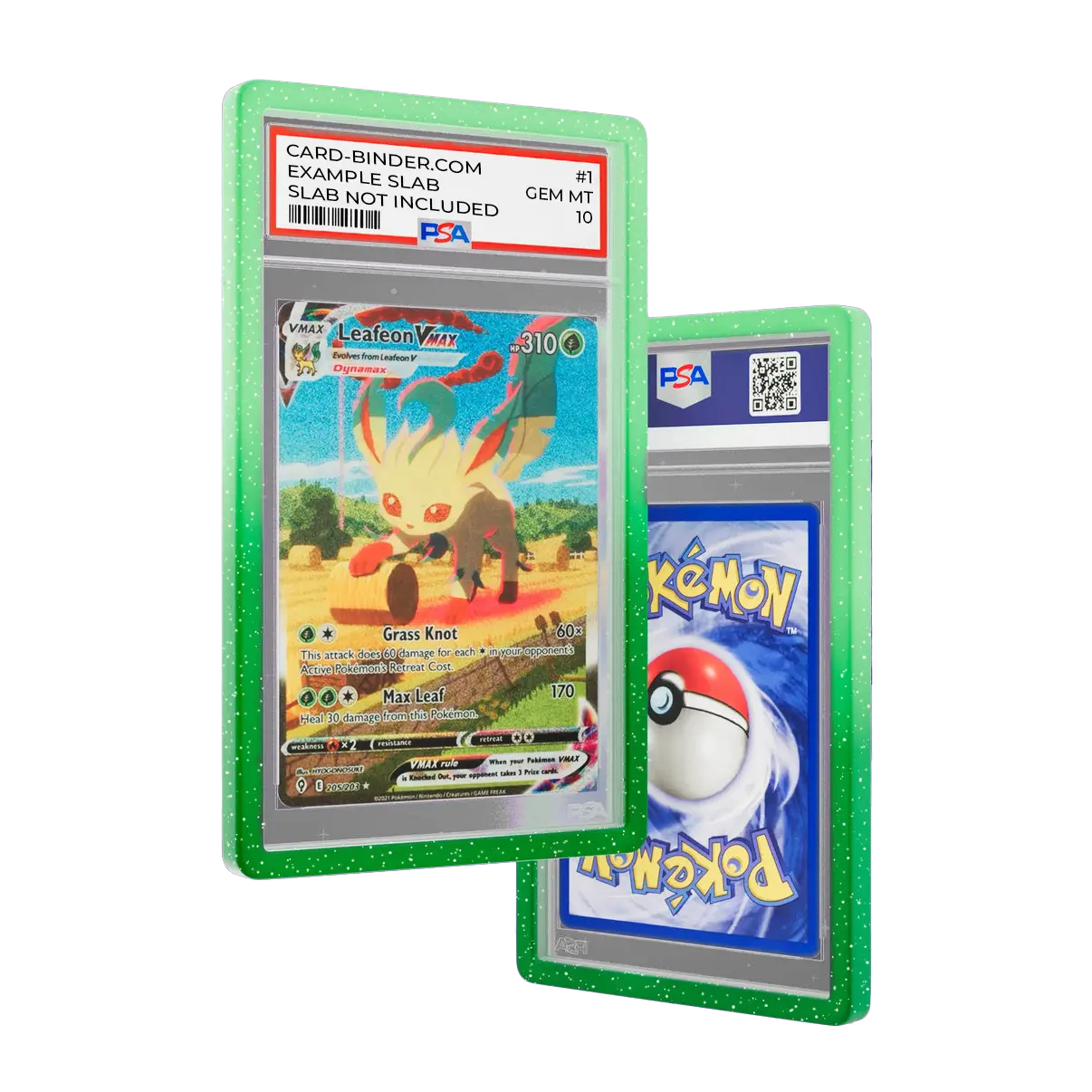 PSA Slab Guard - Grove protecting a PSA 10 Leafeon VMAX Pokémon card with a gradient design.