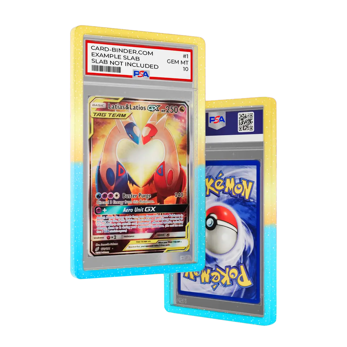 PSA Slab Guard - Skyline protecting Pokémon PSA 10 slab with colorful gradient design and vibrant yellow and blue colors.