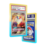 PSA Slab Guard - Skyline protecting Pokémon PSA 10 slab with colorful gradient design and vibrant yellow and blue colors.