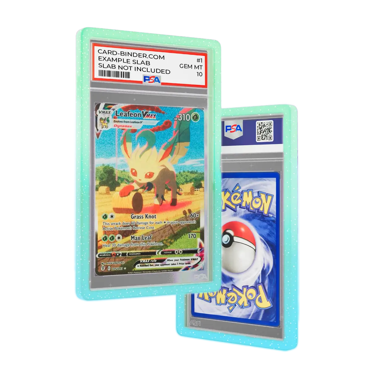 PSA Slab Guard - Tranquill protecting a Leafeon PSA 10 slab in vibrant gradient colors.
