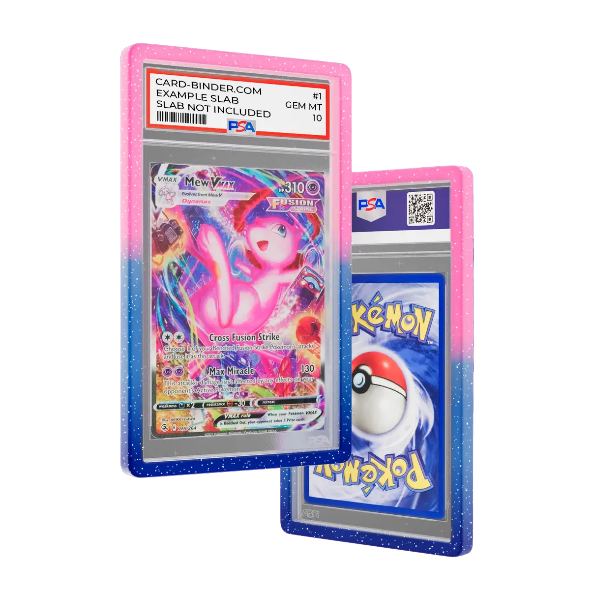 PSA Slab Guard - Whimsical colored gradient bumper protecting a Mew PSA 10 Slab in vibrant pink and blue design.