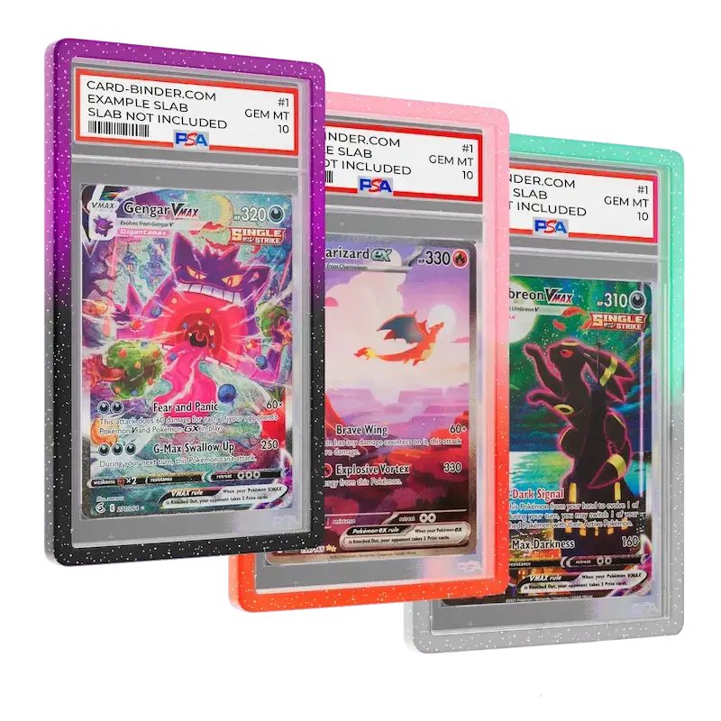 Three graded Pokémon card slabs on display, featuring Gengar VMAX, Charizard EX, and Umbreon VMAX.
