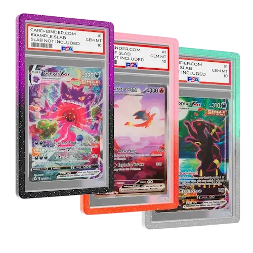 Collection of graded Pokémon cards in PSA slabs, showcasing vibrant artwork and high-quality ratings.