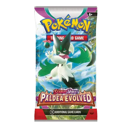 Pokémon Scarlet & Violet Paldea Evolved booster pack featuring Meowscarada ex with enchanting scenery.