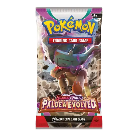 Pokémon SV02 Paldea Evolved booster pack featuring Meowscarada, 10 additional game cards, vibrant design, and trading card game.
