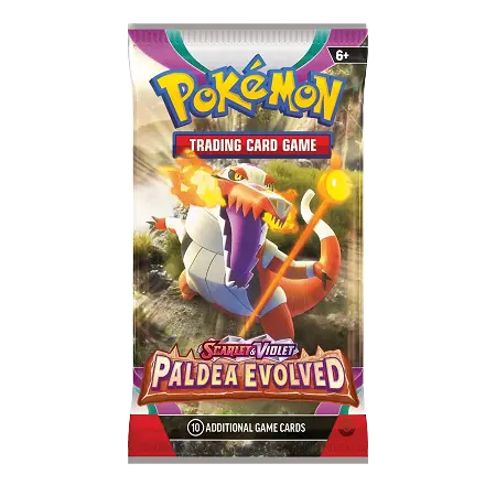 Pokémon SV02 Paldea Evolved booster pack featuring giant Pokémon, 10 additional cards for exciting gameplay.