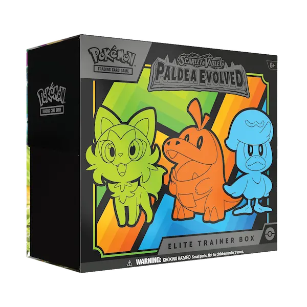 Pokemon Scarlet & Violet Paldea Evolved Elite Trainer Box featuring Meowscarada, Skeledirge, and Quaquaval.