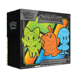 Pokemon Scarlet & Violet Paldea Evolved Elite Trainer Box featuring Meowscarada, Skeledirge, and Quaquaval.