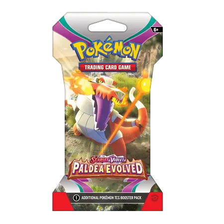 Pokémon SV02 Paldea Evolved booster pack featuring a dazzling Meowscarada ex from the Scarlet & Violet series.