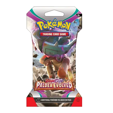 Pokémon SV02 Paldea Evolved Sleeved Booster pack showcasing Meowscarada ex in action. Collect and conquer!