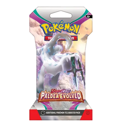 Pokémon SV02 Paldea Evolved Sleeved Booster pack featuring stunning artwork of Pokémon legends.