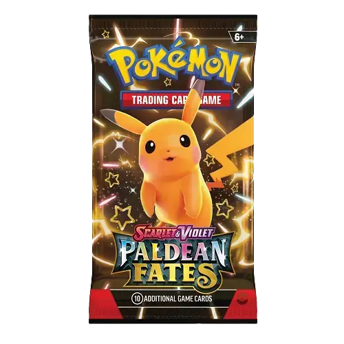 Pokémon SV04.5 Paldean Fates Booster Pack featuring Shiny Pikachu and vibrant design, includes 10 additional game cards.