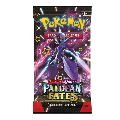 Pokémon Paldean Fates Booster Pack featuring Shiny Pokémon from SV04.5, includes 10 additional game cards.
