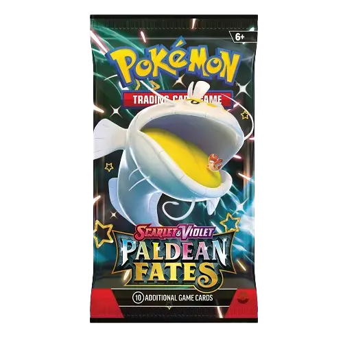 Pokémon SV04.5 Paldean Fates Booster Pack featuring Shiny Pokémon and 10 additional game cards.