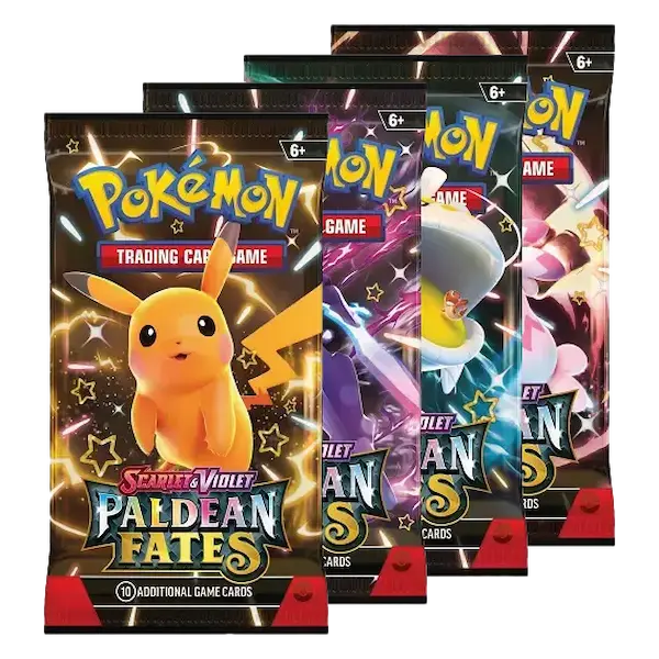 Pokémon SV04.5 Paldean Fates packs featuring Shiny Pikachu and more for the Trading Card Game.