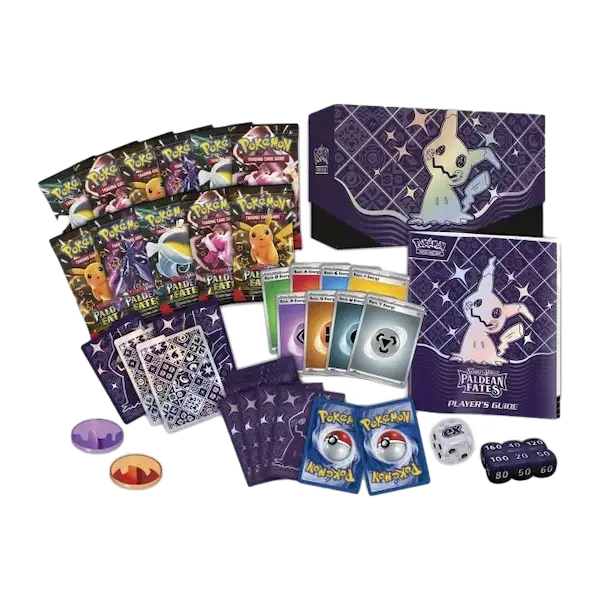 Paldean Fates Elite Trainer Box featuring Pokémon cards, player's guide, and accessories from Pokémon SV04.5.