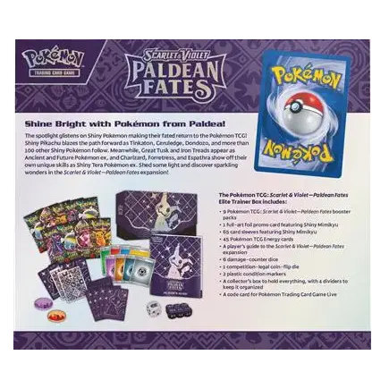 Paldean Fates Elite Trainer Box showcasing Shiny Pokémon and TCG items from Pokémon SV04.5.