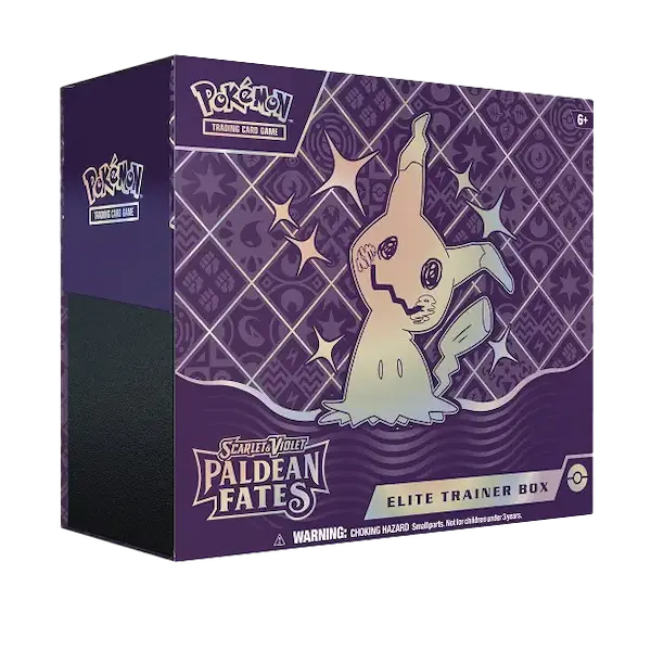 Pokémon SV04.5 Paldean Fates Elite Trainer Box featuring Shiny Mimikyu on the stylish packaging.