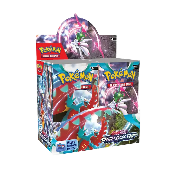 Pokémon Paradox Rift Booster Box featuring stunning artwork and Ancient and Future Pokémon characters.
